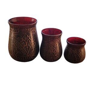 Unicef tealight candle holder set of 3, cranberry with gold raised flora…